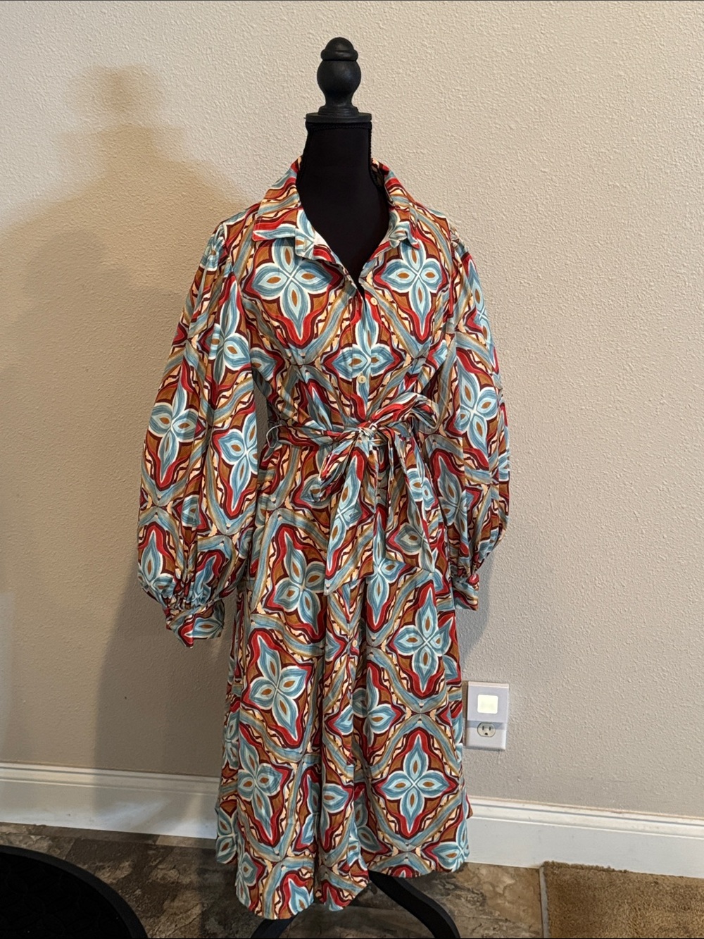 Aura Multicolor Geometric Midi Wrap Dress in Teal, Rust, and Cream